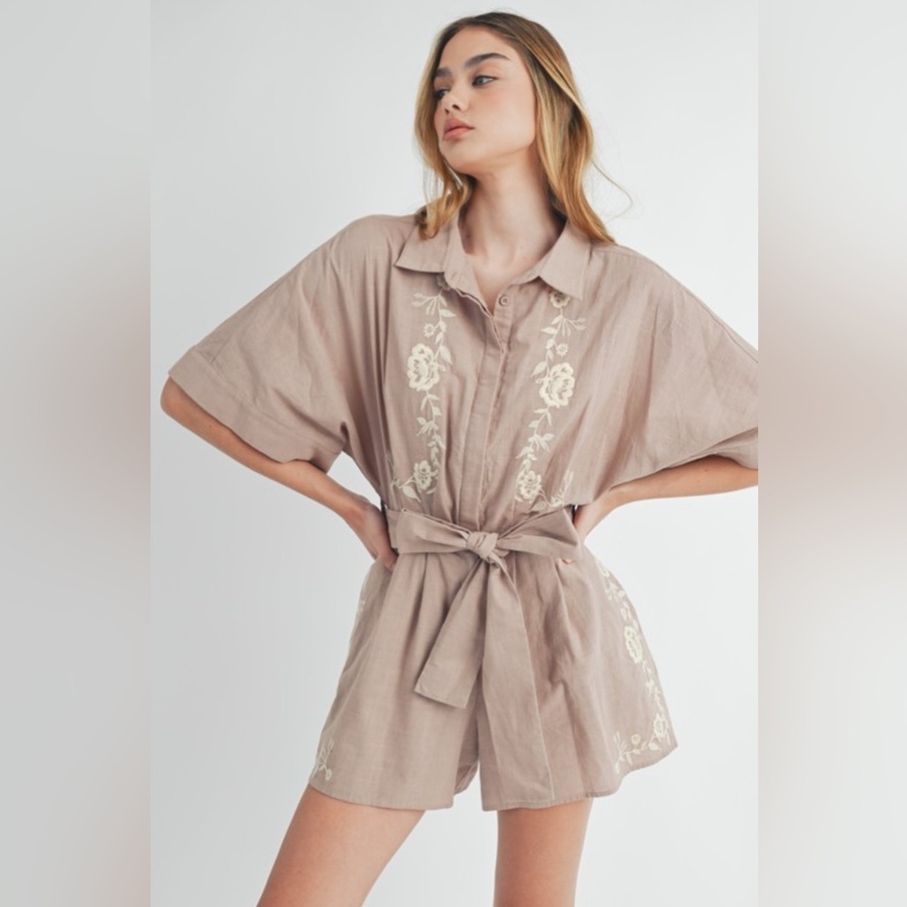 Chic Taupe Floral Embroidered Romper